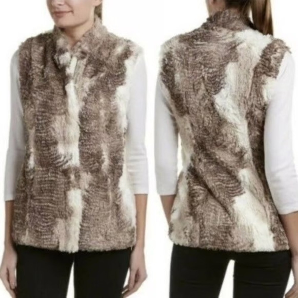 CAbi Faux Fur Patchwork Vest in Brown and Cream